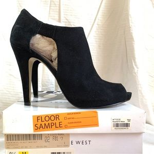 Nine West Phantom black suede peep-toe stiletto booties 8.5